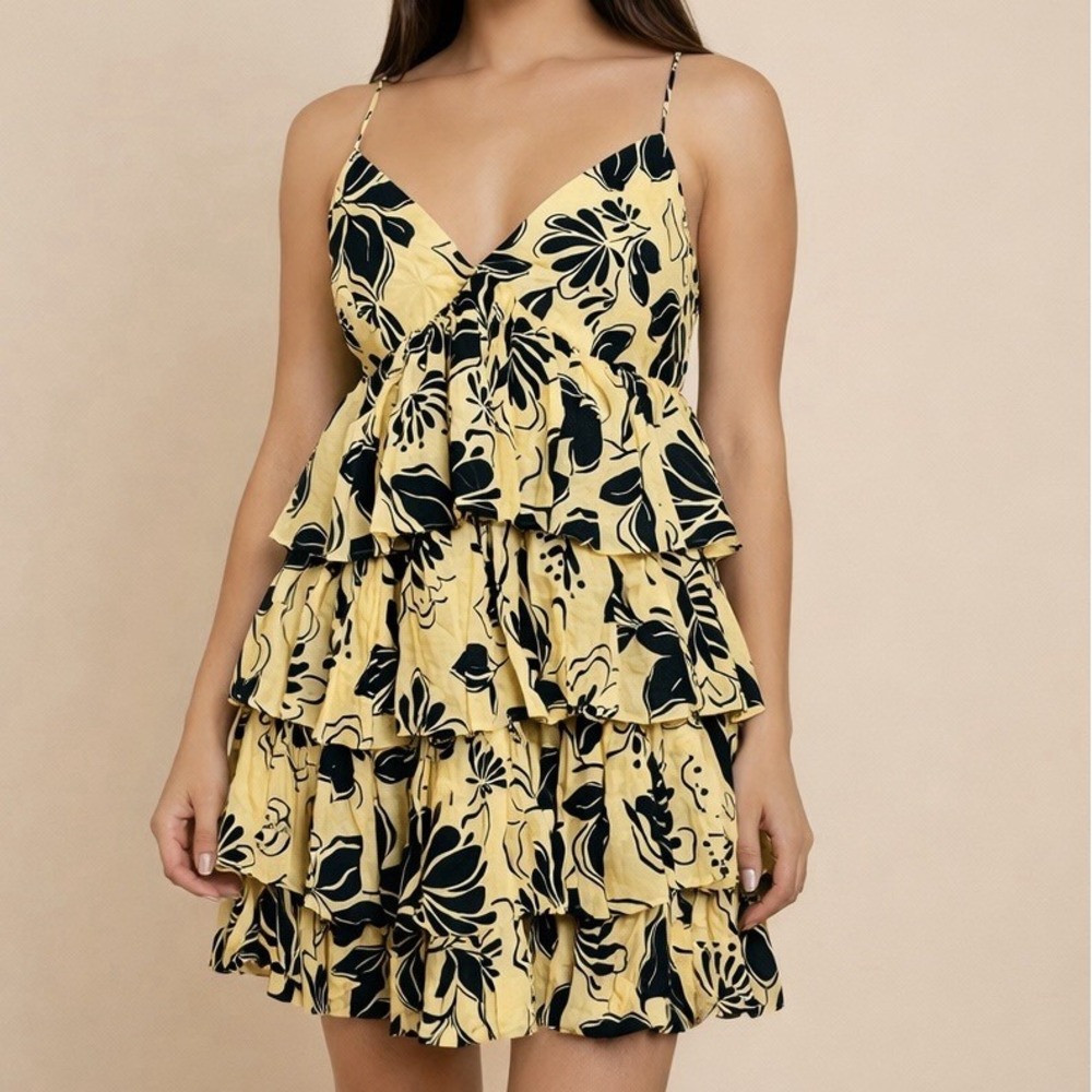 J CREW Ruffle Tier Mini Dress Womens 8 Floral Cotton Voile Bohemian Yellow Black